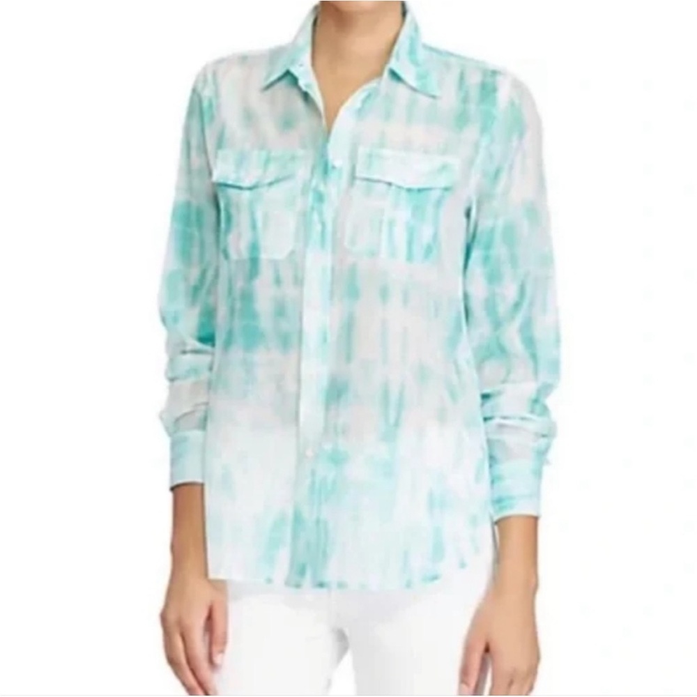 Lauren Ralph Lauren Teal Turquoise Tie Dye Silk Cotton Button Down Shirt Sz L